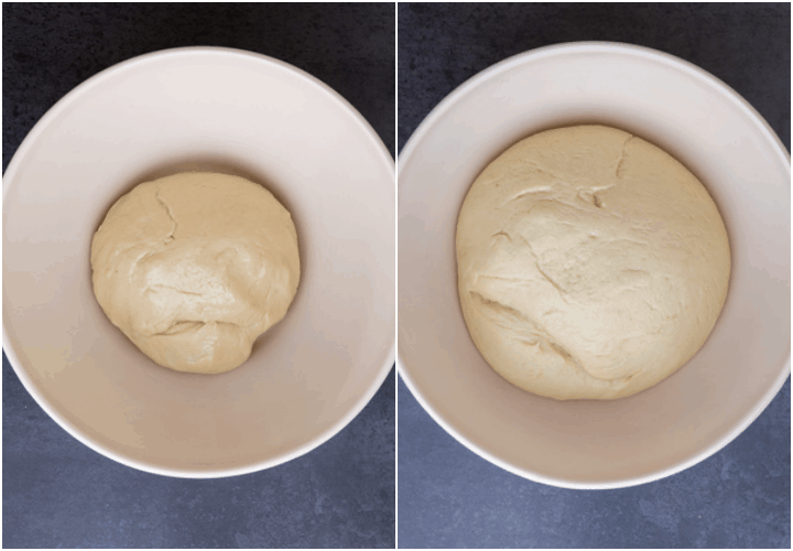 dough in a white bowl before and after rising