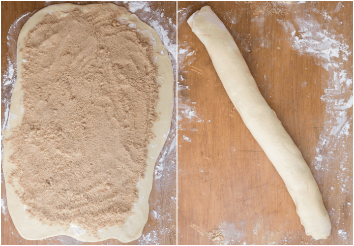 brown sugar and cinnamon sprinkled on the dough and the dough rolled up lengthwise on a board