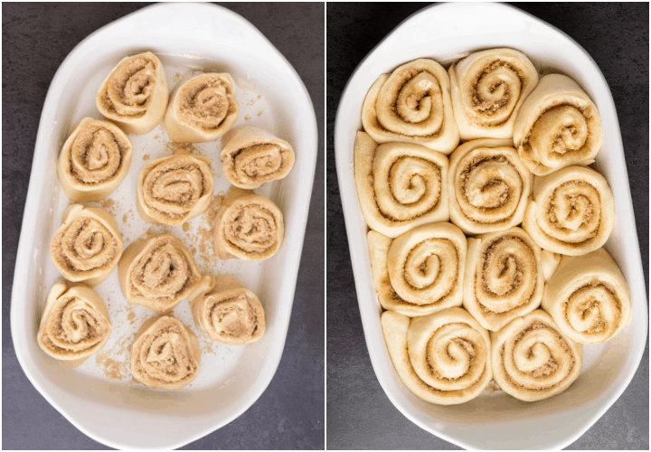 the roll cut and placed in a white baking dish before and after rising