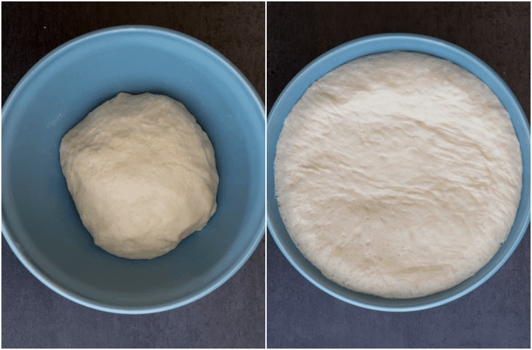 the dough in a blue bowl before and after rising