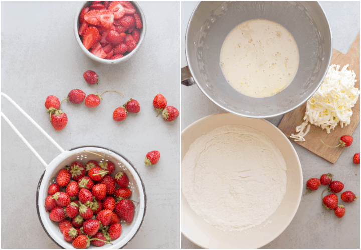 chopped strawberries in a bowl and strawberries in a sieve whisked dry ingredients in a white bowl and wet ingredients in the mixing bowl