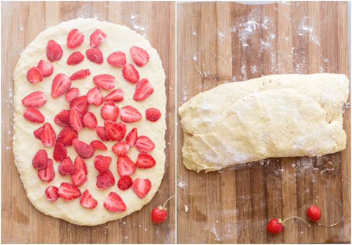forming the dough into a rectangle with strawberries cut on top and folding the dough