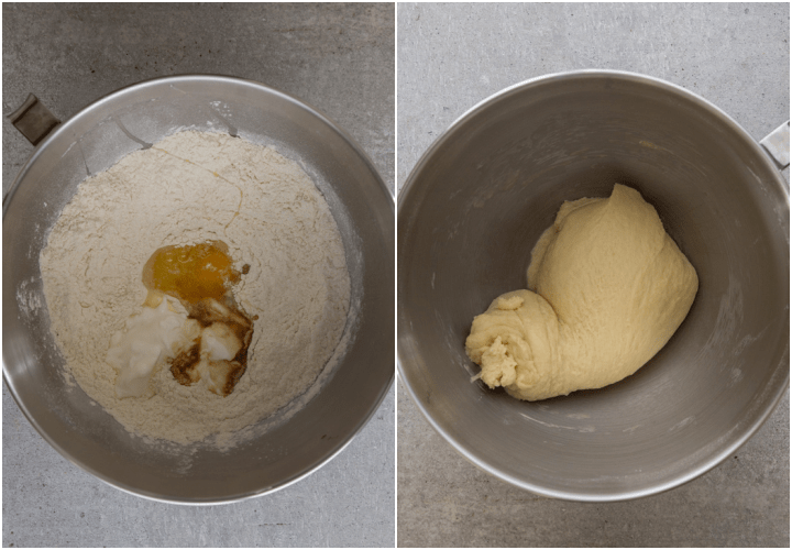 flour and ingredients in the mixing bowl dough kneaded in the bowl