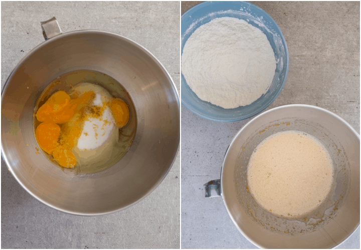eggs and sugar in a mixing bowl, whisked dry ingredients in a blue bowl, 