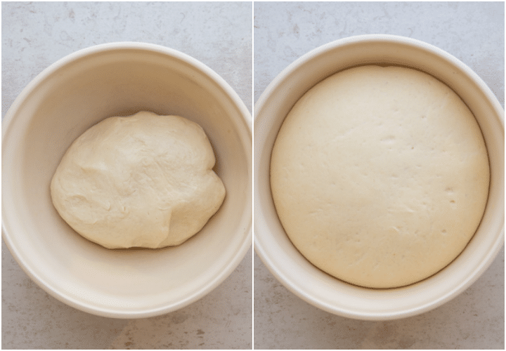 the pizza dough in a white bowl before and after the first rise