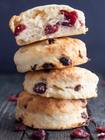 3cranberry cream biscuits stacked with a halved one on top