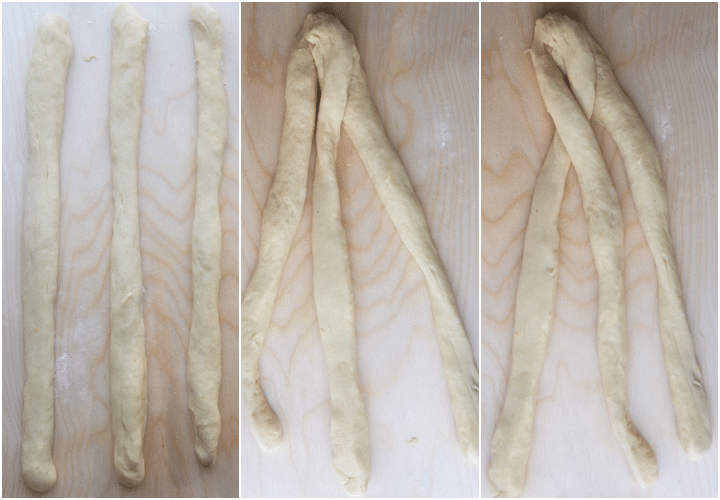 forming the dough into 3 ropes and braiding.