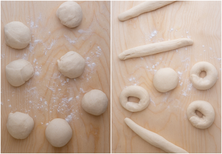 form the dough into balls, roll into ropes and form into donut shapes.