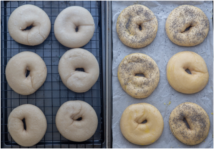 bagels before and after boiling and sprinkled with seeds.