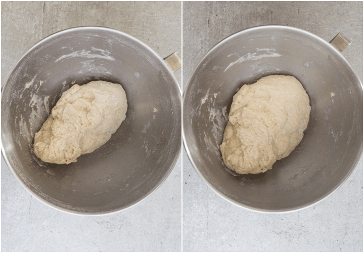 dough kneaded and rested in a silver mixing bowl.