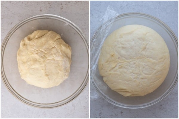 Dough in a glass bowl, rested and after refrigeration.