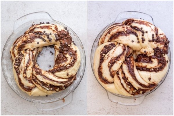 The babka dough in a pie plate before and after rising.