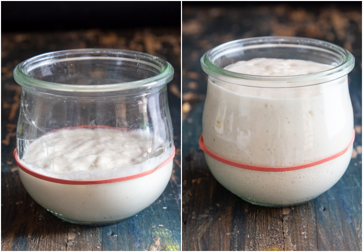 Sourdough starter before and after feeding.