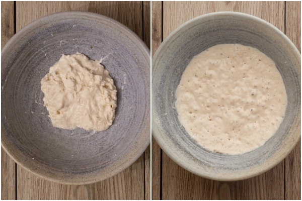 The poolish before and after sitting.