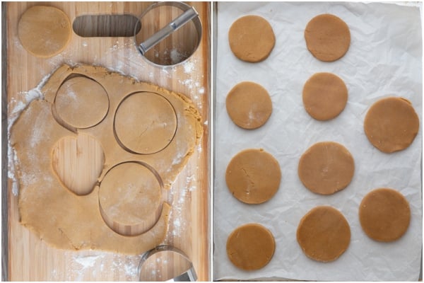 Rolling the dough and cutting out with a round cookie cutter, and cookies on parchment paper.