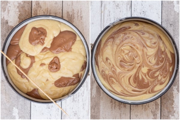 Spoonfuls of batter in cake pan and swirled with a stick.