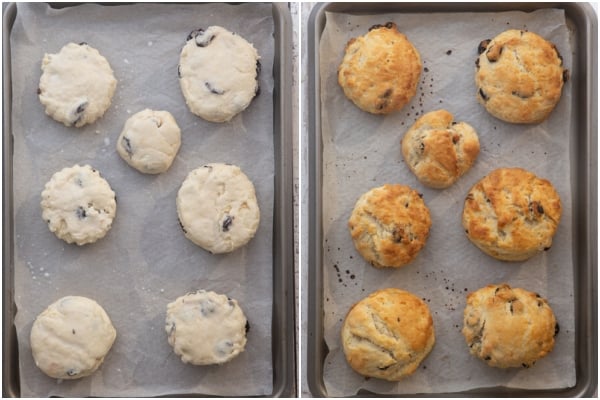 The biscuits before and after baking.