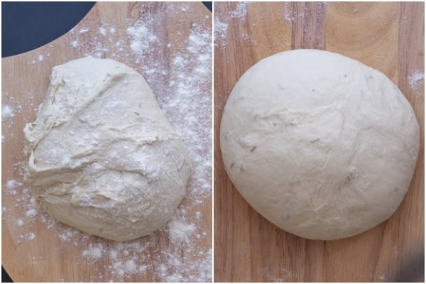 Kneading the dough to form a compact dough ball.