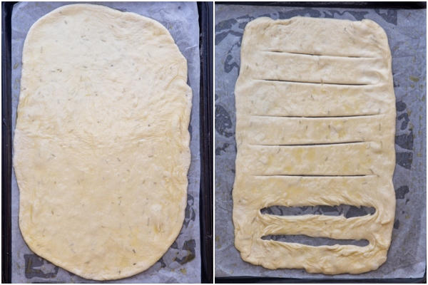 Dough rolled on a cookie sheet.
